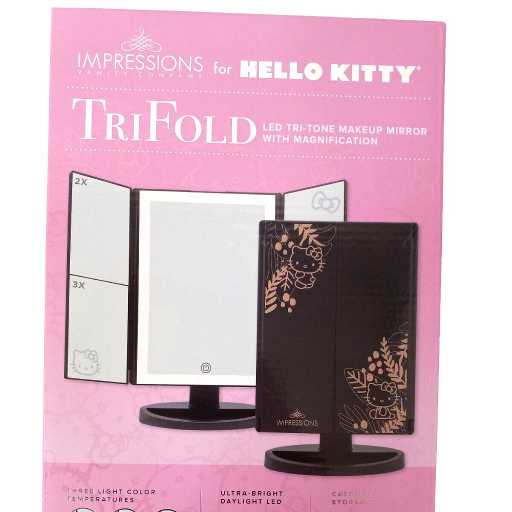 Impressions Vanity Hello Kitty TriFold LED Makeup Mirror Black New